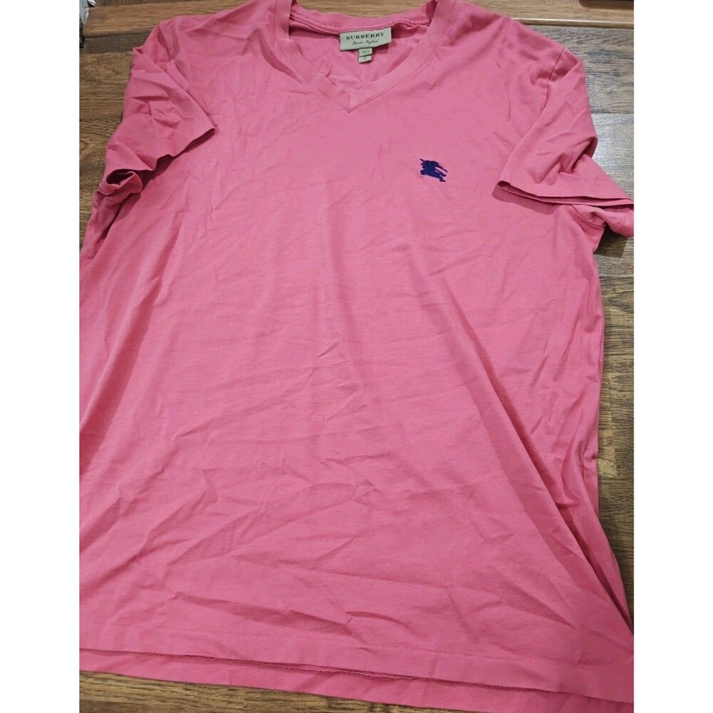 Burberry London Pink T Shirt Men's XL V Neck Embroidered Logo Casual Preppy